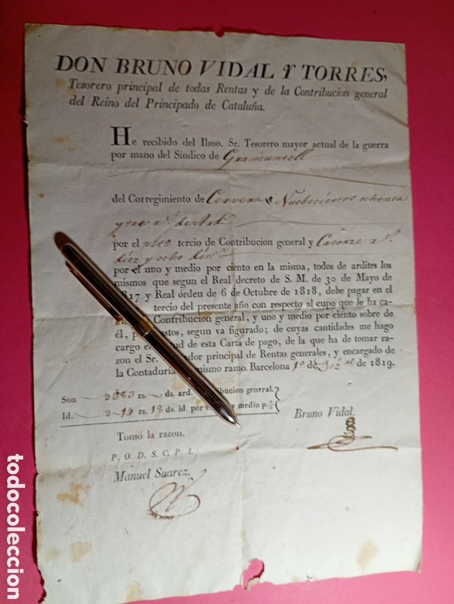 Documentos antiguos: GRAMUNTELL CERVERA BARCELONA 10/12/1819 TESORERO PRINCIPAL HA RECIBIDO TERCIO CONTRIBUCI&Oacute;N GENERAL