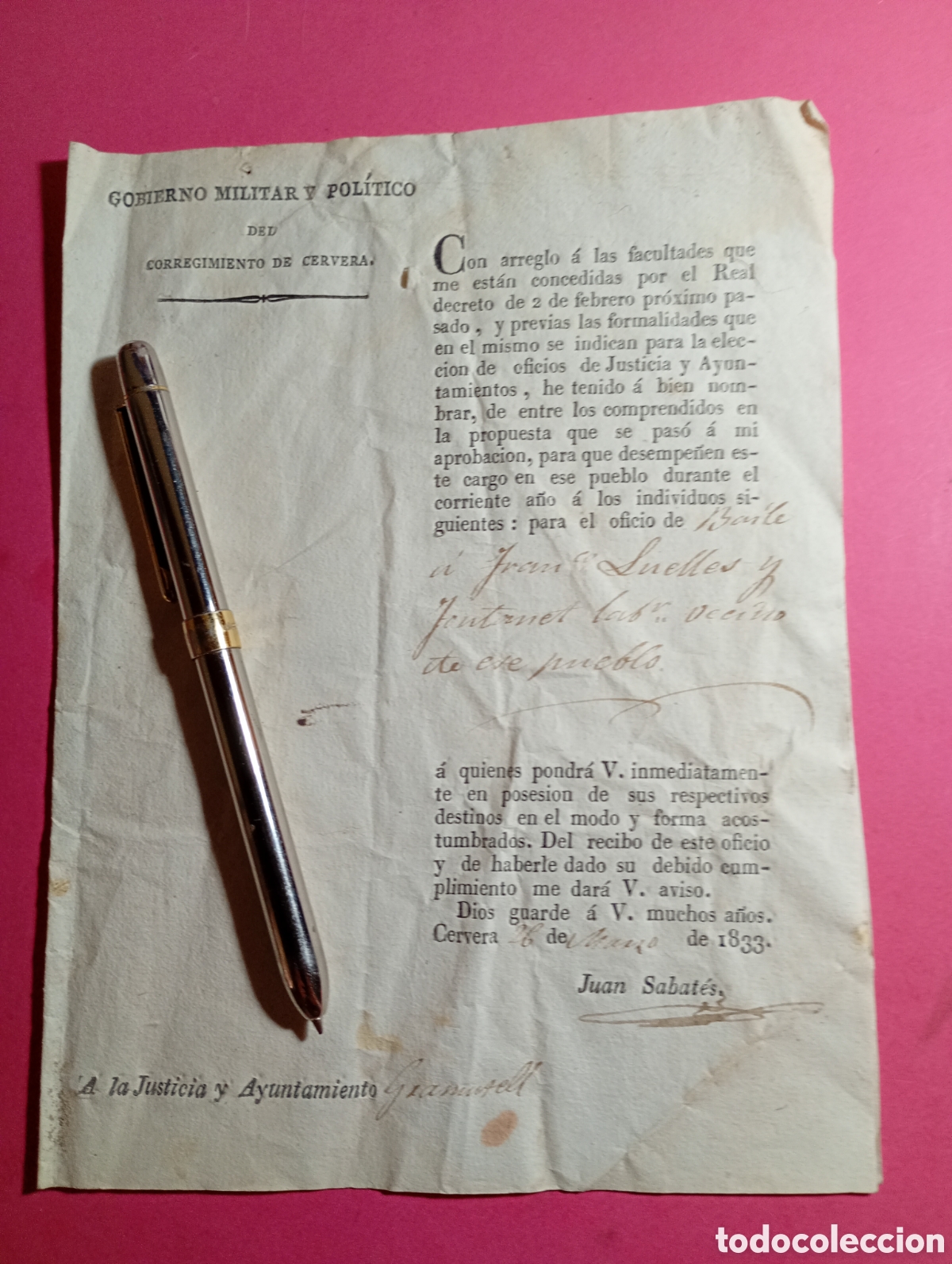 Documentos antiguos: CERVERA GOBIERNO MILITAR Y POL&Iacute;TICO A LA JUSTICIA Y AYUNTAMIENTO DE GRAMUNTELL R3