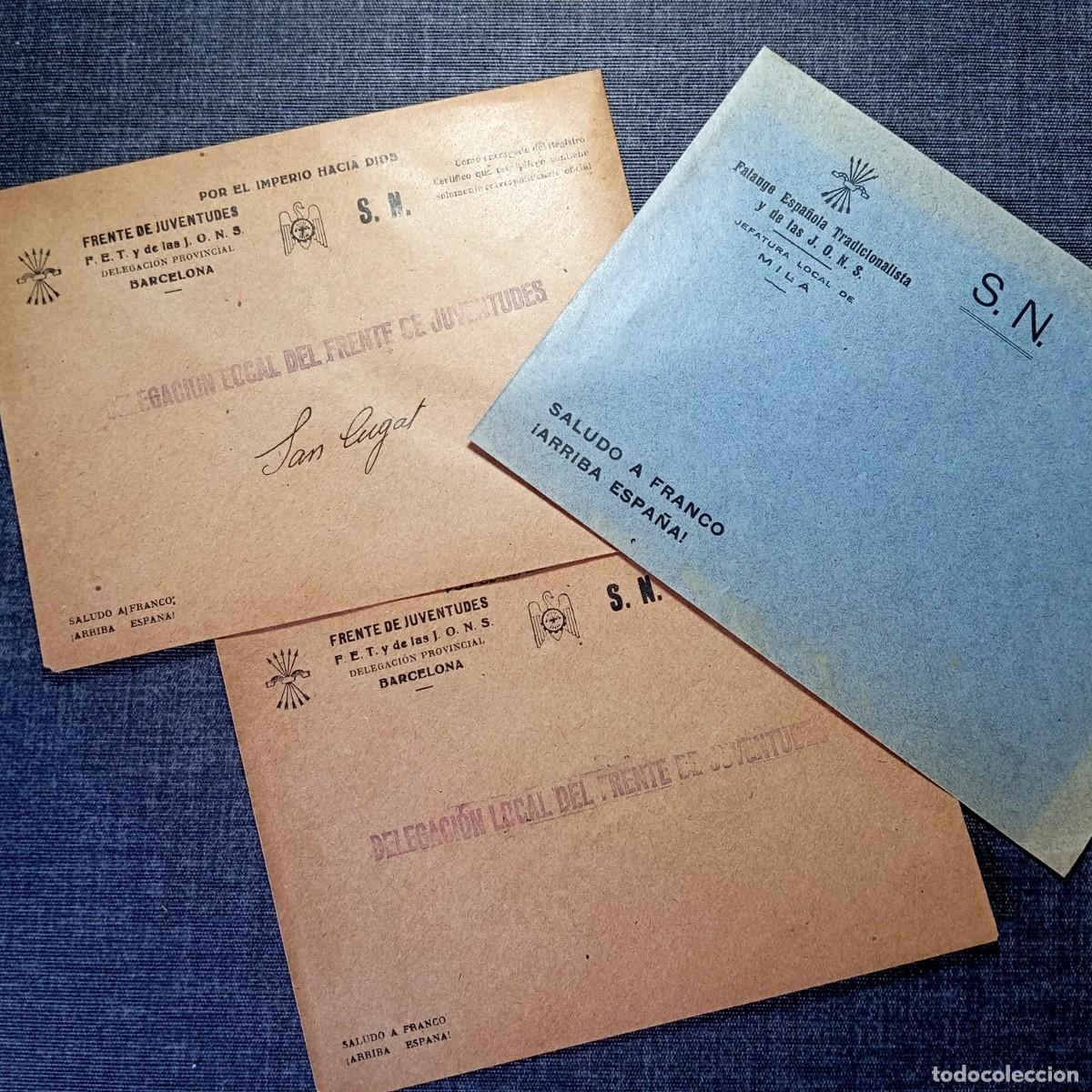 Documentos antiguos: ⚜️ &Ntilde;09X16. Lote 3 Sobres Falange Frente De Juventudes Barcelona Y Mila Tarragona Sin Usar Posguerra
