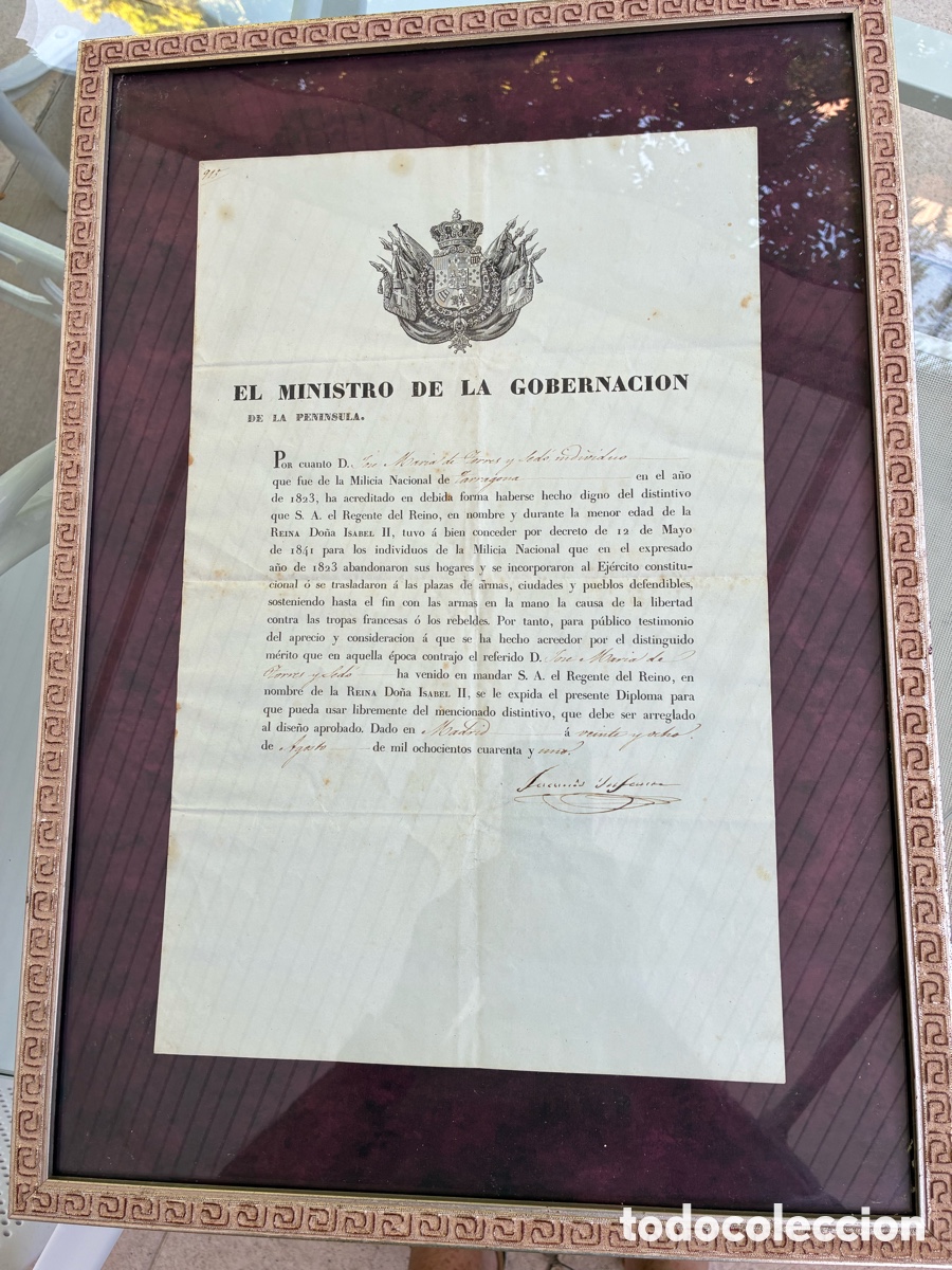 Documentos antiguos: T&iacute;tulo: Diploma 1841 Milicia Nacional Tarragona - Regencia Espartero - Isabel II - Enmarcado