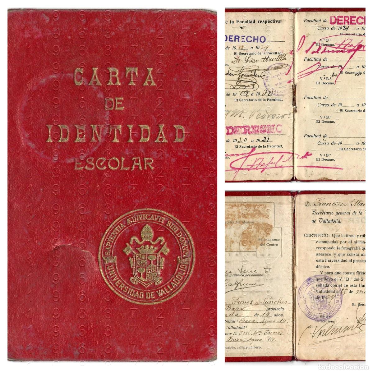 Documentos antiguos: VALLADOLID BAZA GRANADA UNIVERSIDAD CARTA DE IDENTIDAD ESCOLAR 1929