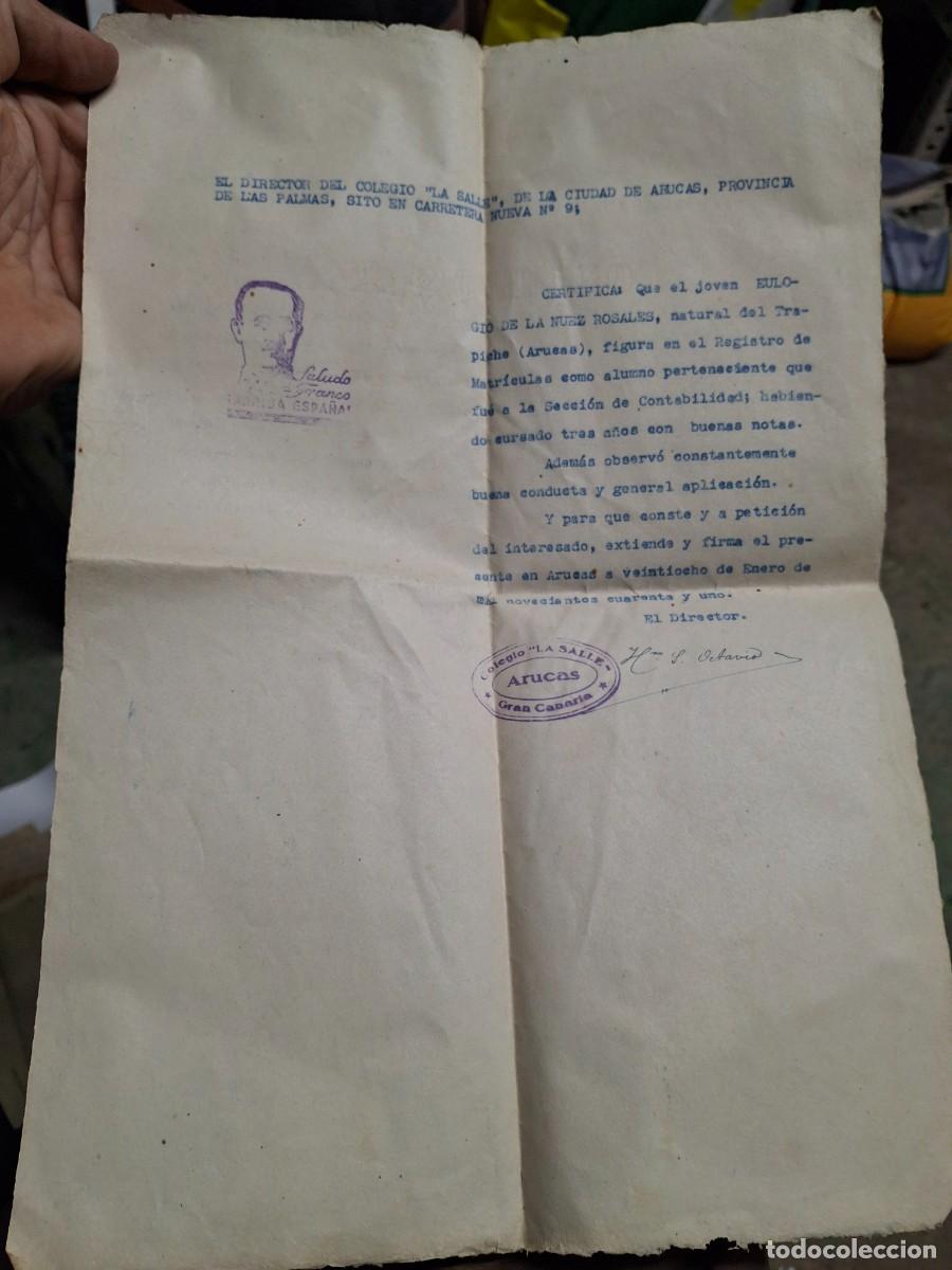 Documentos antiguos: Antiguo documento carta director colegio La Salle Arucas - Sello Saludo a Franco