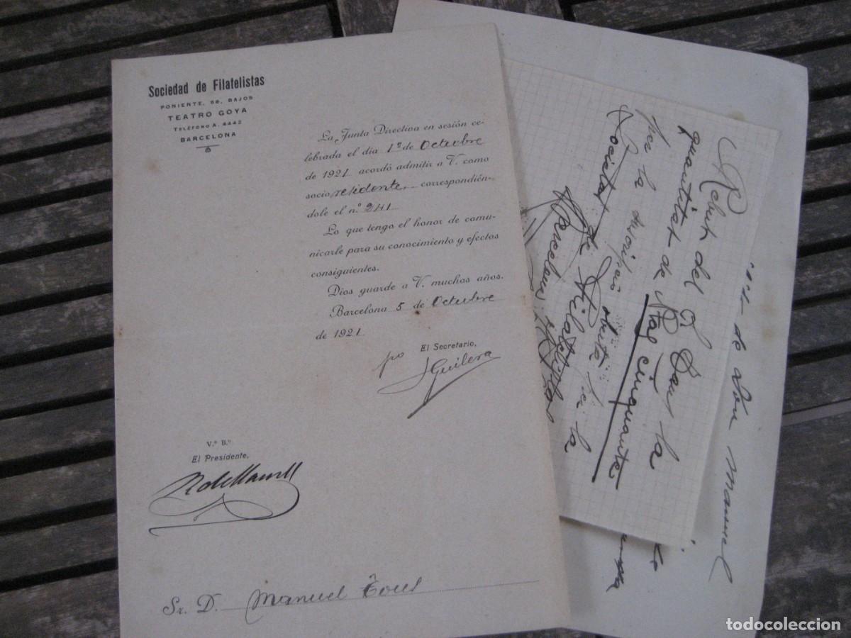 Documentos antiguos: Sociedad filatelista documento de admisi&oacute;n de socio 1921 filatelia Teatro Goya Barcelona 2 recibos