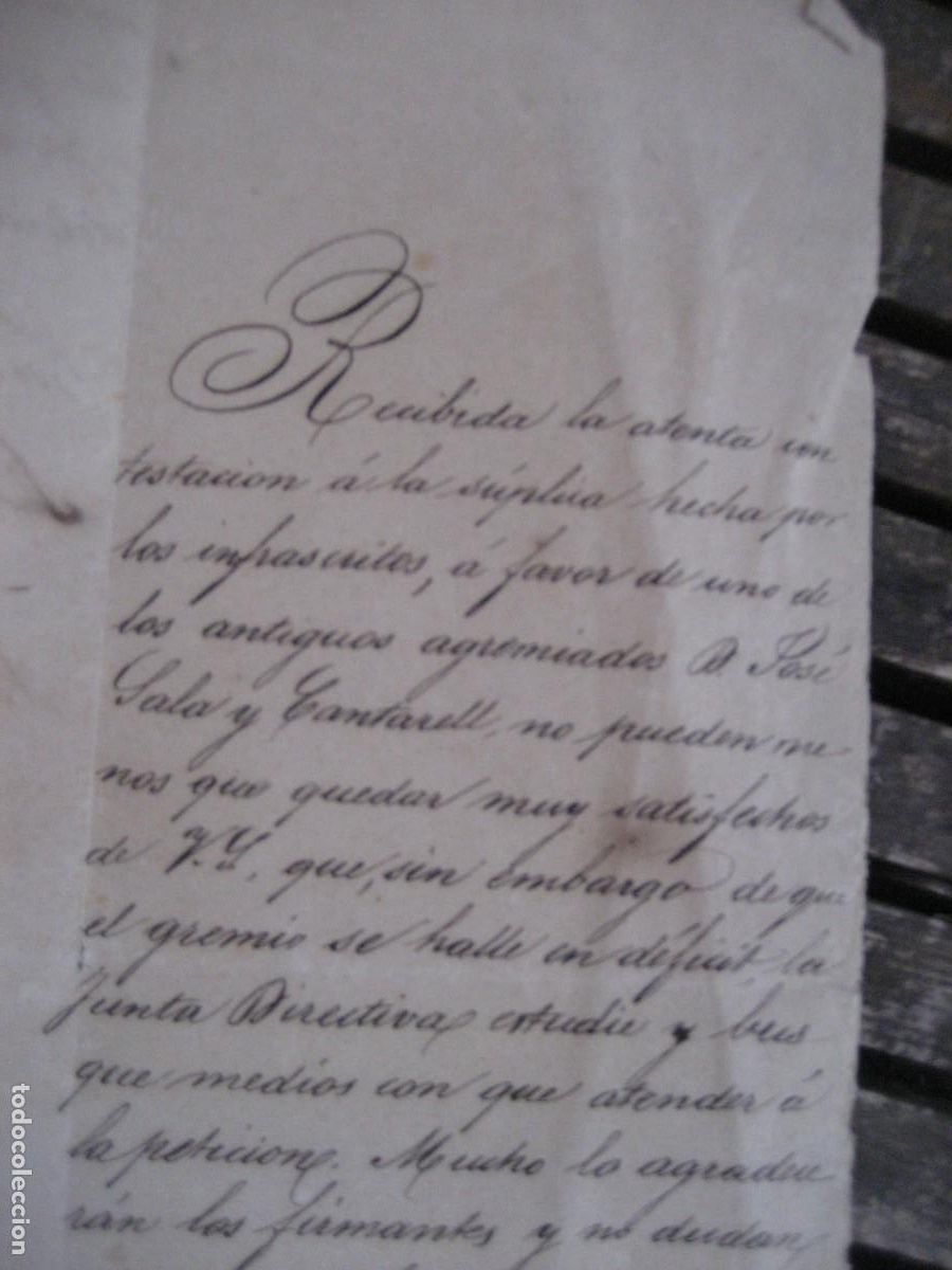 Documentos antiguos: documento del gremio de galoneros , cinteros y percheros 1878 Barcelona . carta de agradecimiento