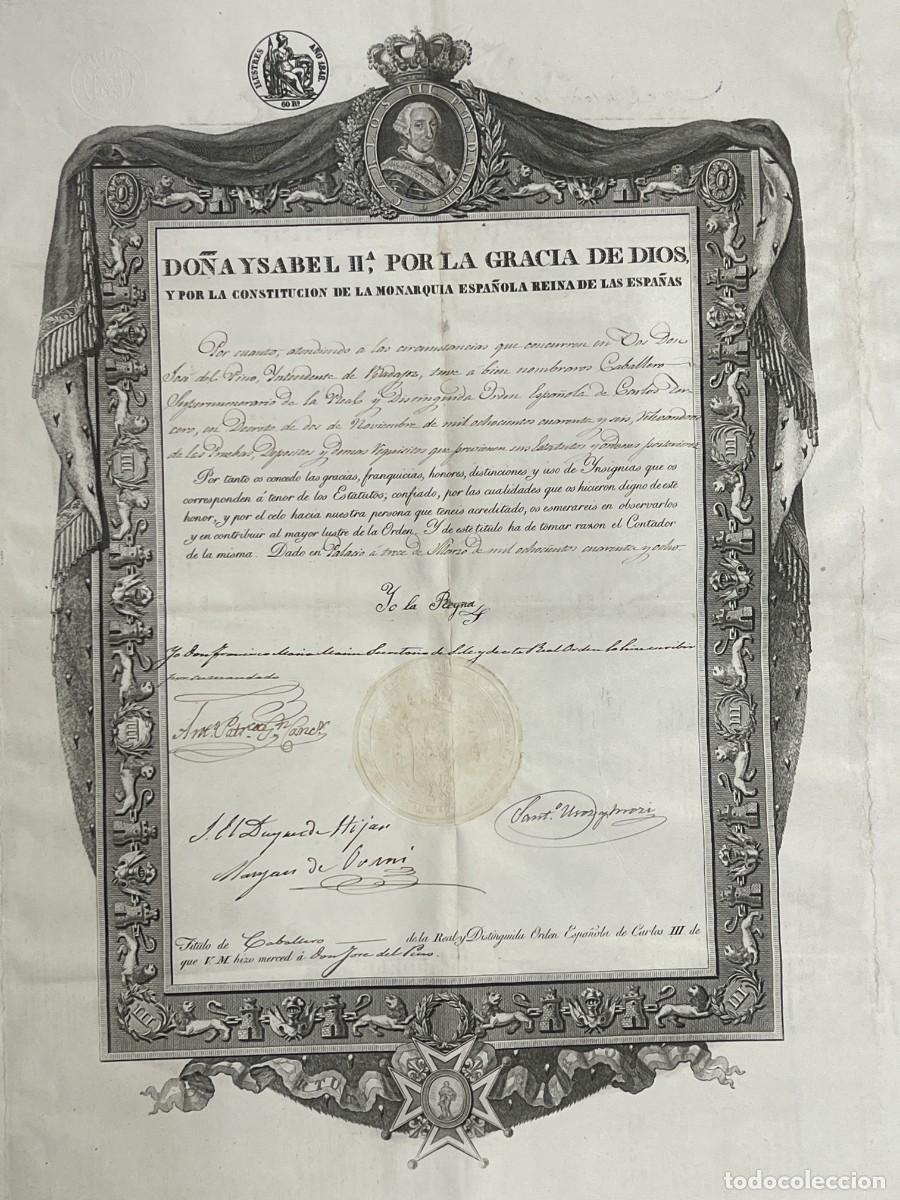 Documentos antigos: ISABEL II - ORDEN DE CARLOS III - 1848