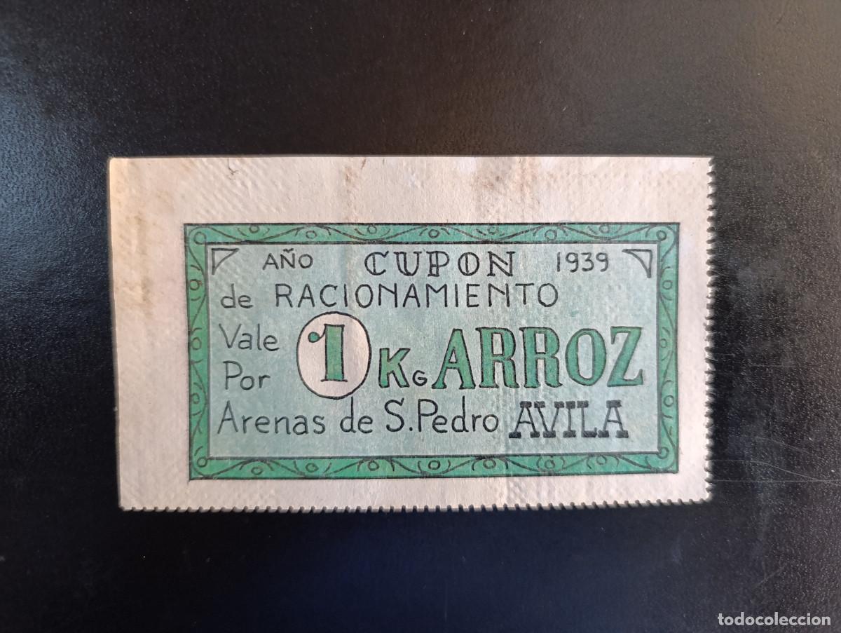Documentos antiguos: GUERRA CIVIL. CUPON DE RACIONAMIENTO-VALE POR 1 KG DE ARROZ. ARENAS DE SAN PEDRO-AVILA. A&Ntilde;O 1939.
