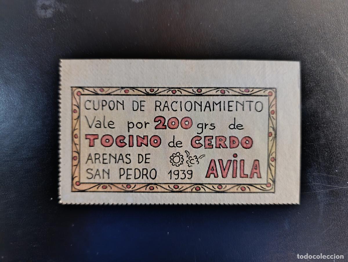 Documentos antiguos: GUERRA CIVIL. CUPON DE RACIONAMIENTO-VALE POR 200 GR DE TOCINO. ARENAS DE SAN PEDRO-AVILA. A&Ntilde;O 1939.