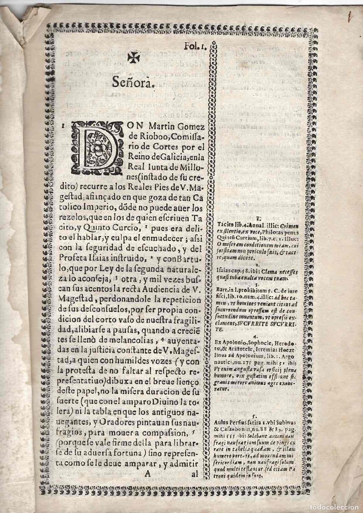 Documentos antiguos: COMISARIO DE CORTES POR EL REINO DE GALICIA. PRESENTACION DE SUPLICA A SU MAJESTAD, C.1670
