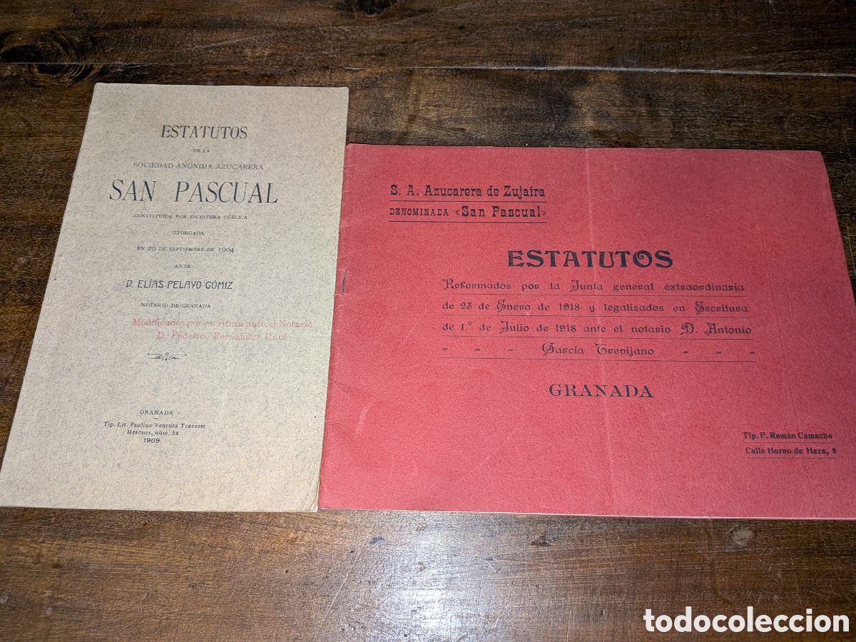 Documentos antiguos: Lote de Estatutos Antiguos: Sociedad An&oacute;nima Azucarera &rdquo;San Pascual&rdquo; (Zujaira, Granada) &ndash; 1909 y 191