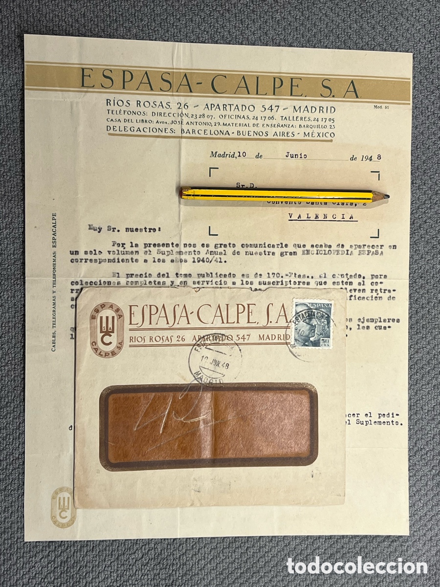 Documentos antiguos: ESPASA CALPE Carta y sobre circulado. Anuncio de un nuevo volumen de la Enciclopedia Espasa (a.1948)