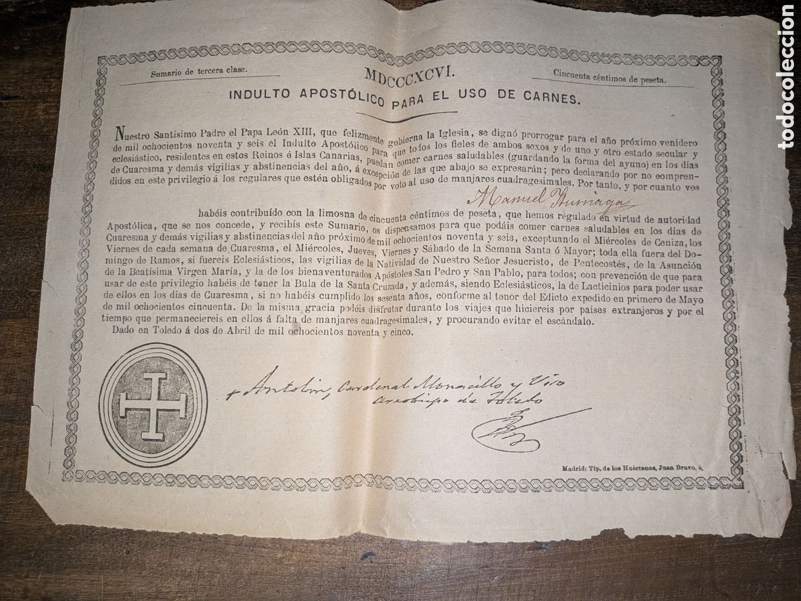 Documentos antiguos: Indulto apost&oacute;lico para el uso carnes Le&oacute;n 13 1896