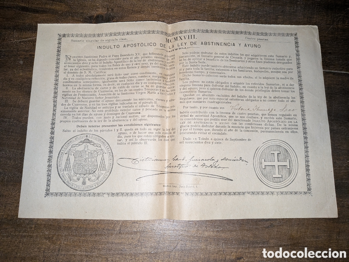 Documentos antiguos: Indulto apost&oacute;lico de la ley de abstinencia y ayuno Benedicto XV 1918
