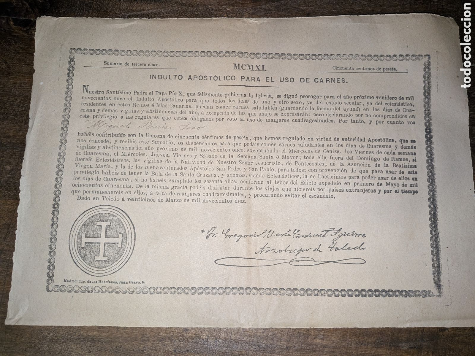 Documentos antiguos: Indulto apost&oacute;lico por el uso de carnes
