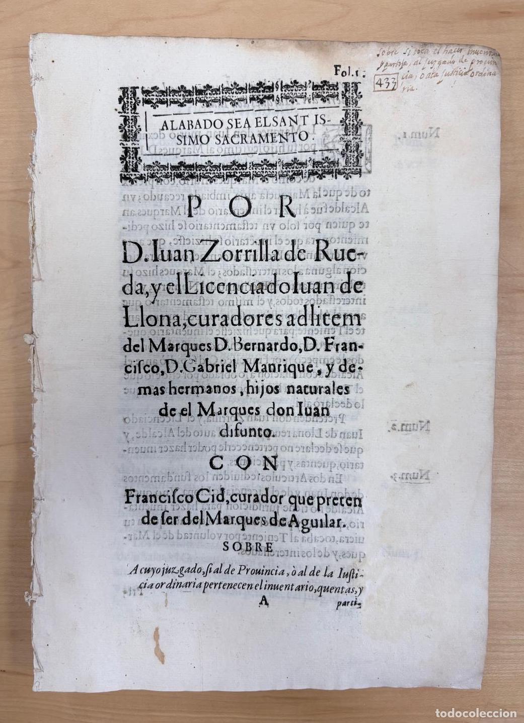 Documentos antiguos: PORC&Oacute;N AL JUZGADO POR ZORRILLA Y LLONA CONTRA FRANCISCO CID. S. XVII, S.L.