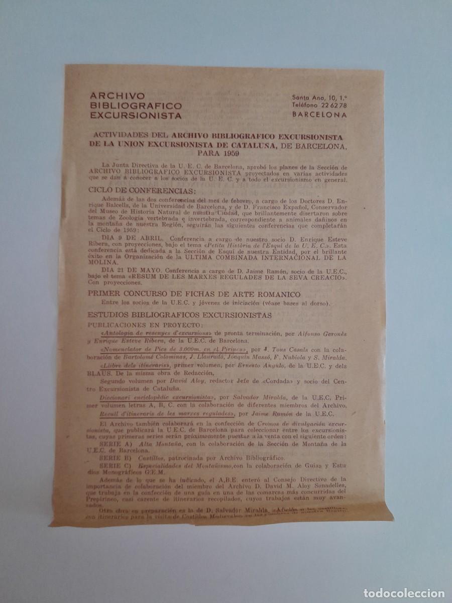 Documentos antiguos: ACTIVIDADES ARCHIVO BIBLIOGR&Aacute;FICO EXCURSIONISTA DE LA UNI&Oacute;N EXCURSIONISTA DE CATALU&Ntilde;A (BCN, 1959)