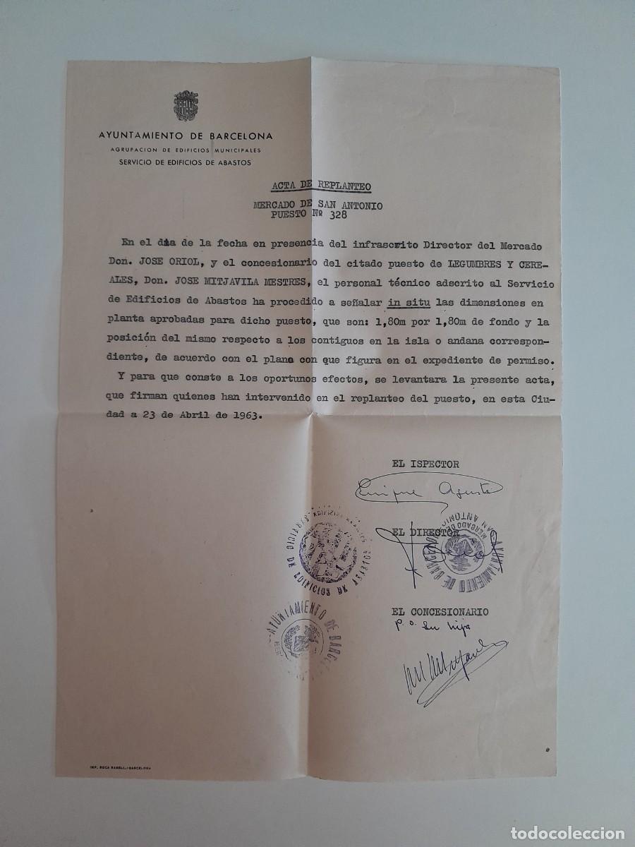 Documentos antiguos: ACTA DE REPLANTEO DEL PUESTO N&ordm; 328 DEL MERCADO DE SAN ANTONIO DE BARCELONA (BARCELONA, 1963)
