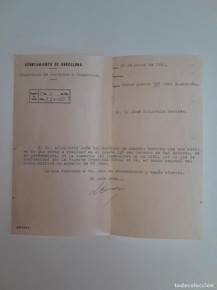 Documentos antiguos: INFORME DEL ARQUITECTO JEFE DEL SERVICIO DE ABASTOS PARA EL MERCADO DE SAN ANTONIO DE BARCELONA 1963