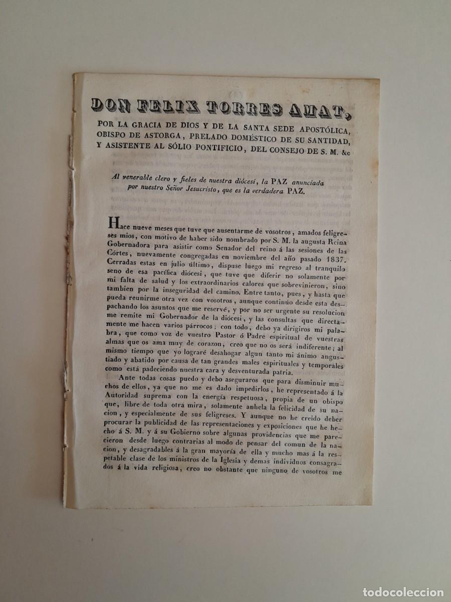 Documentos antiguos: CARTA PASTORAL DEL OBISPO DE ASTORGA F&Eacute;LIX TORRES AMAT (MADRID, 1838)