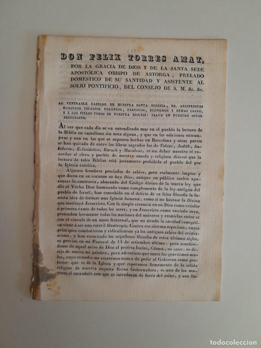 Documentos antiguos: CARTA PASTORAL DEL OBISPO DE ASTORGA F&Eacute;LIX TORRES AMAT (MADRID, 1839)