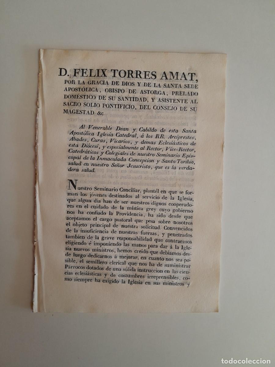 Documentos antiguos: CARTA PASTORAL DEL OBISPO DE ASTORGA F&Eacute;LIX TORRES AMAT (LE&Oacute;N, 1834)