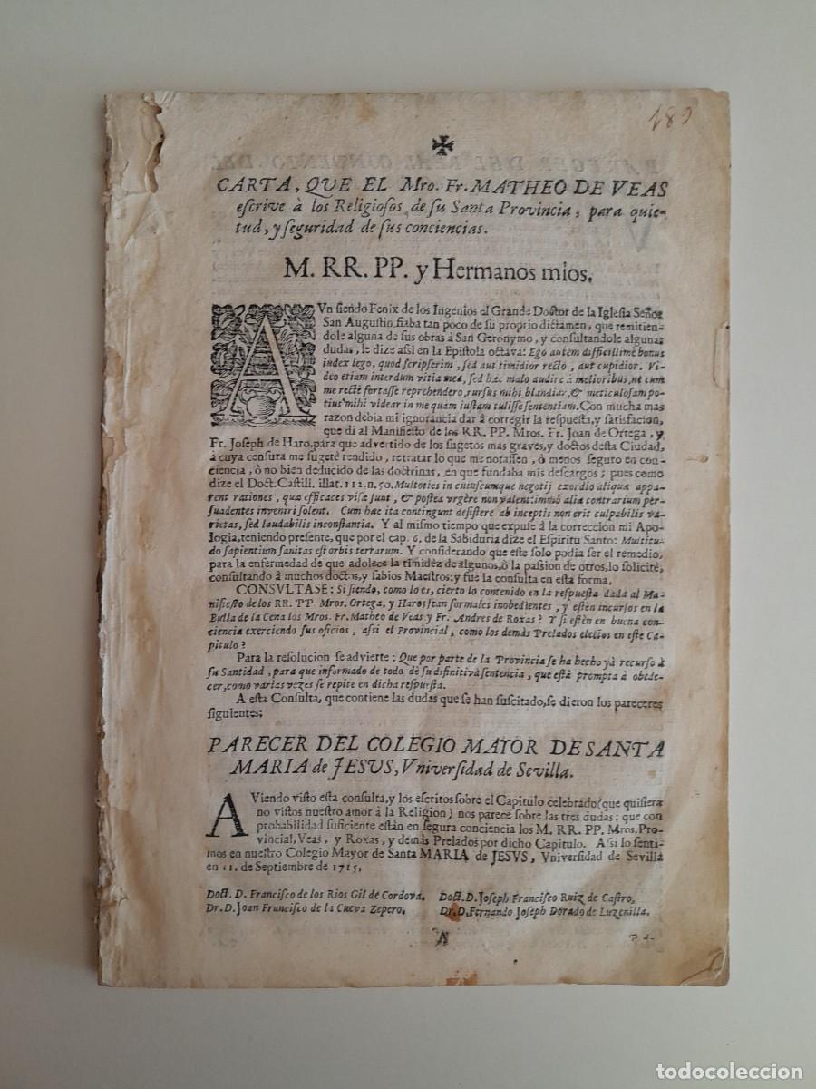 Documentos antiguos: CARTA QUE MATEO DE VEAS ESCRIBE A LOS RELIGIOSOS DE SU SANTA PROVINCIA PARA [...] (SEVILLA, 1715)