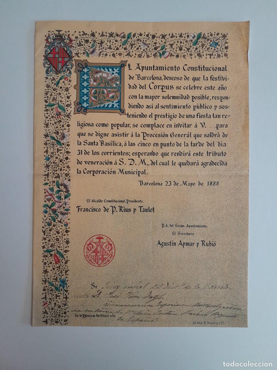 Documentos antiguos: INVITACI&Oacute;N DEL AYUNTAMIENTO DE BARCELONA A LA ASISTENCIA DE LA FESTIVIDAD DEL CORPUS (BCN, 1888)