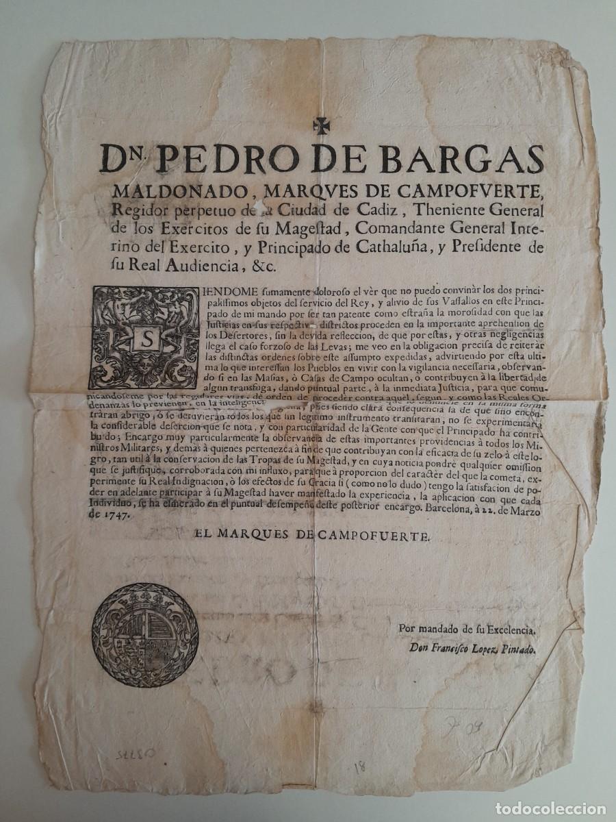 Documentos antiguos: CIRCULAR DE DON PEDRO DE BARGAS MALDONADO, MARQU&Eacute;S DE CAMPOFUERTE (BARCELONA, 1747)