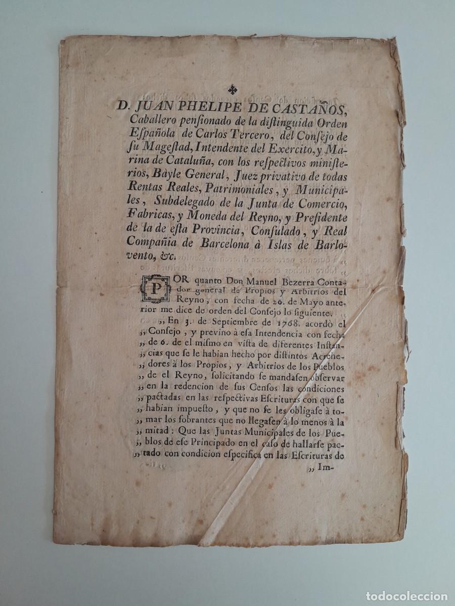 Documentos antiguos: CIRCULAR DE DON JUAN FELIPE DE CASTA&Ntilde;OS, CABALLERO DE LA ORDEN DE CARLOS III (BARCELONA, 1773)