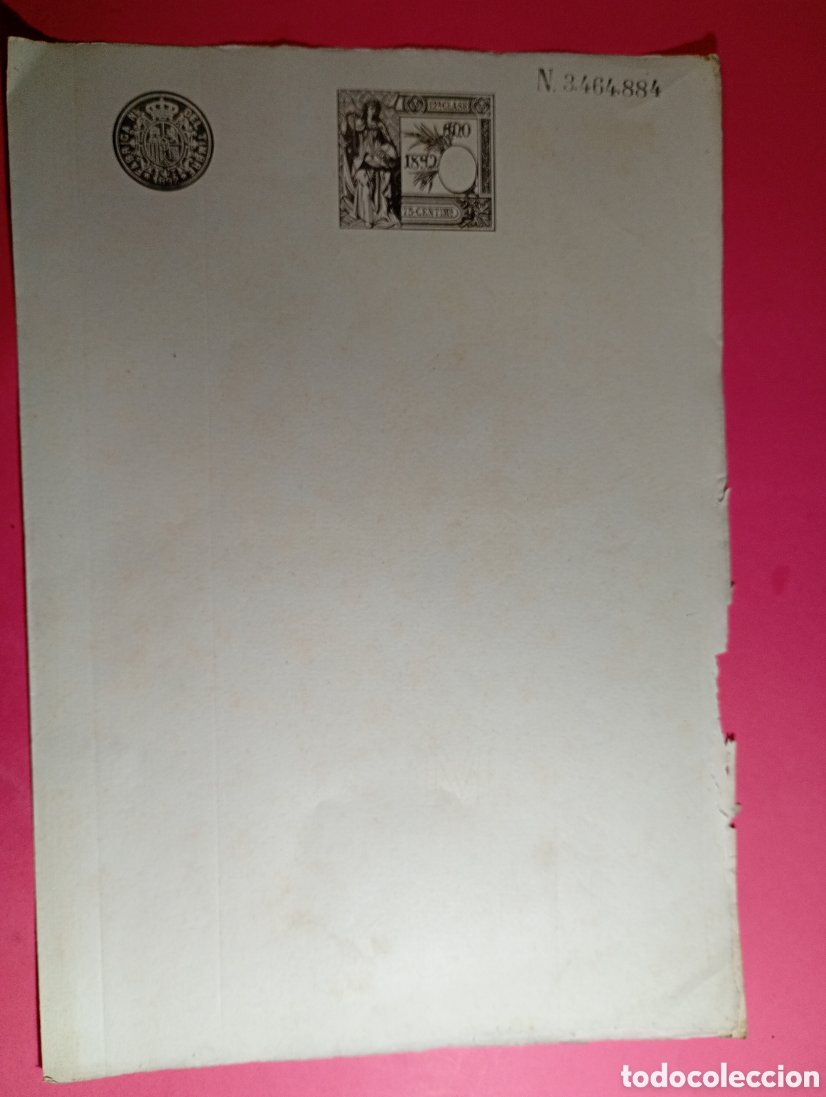 Documentos antiguos: TIMBRE ESTADO ESPA&Ntilde;OL 1892 12&ordf; CLASE 75 CTS. N&ordm;3464884 HOJA COMPLETA