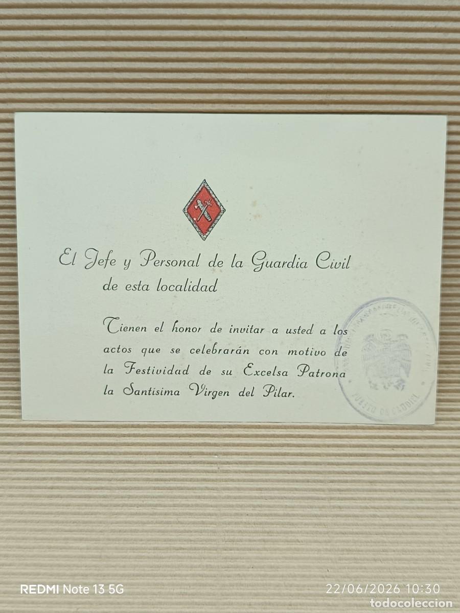 Documentos antiguos: TARJETA INVITACION DE LA GUARDIA CIVIL VIRGEN DEL PILAR