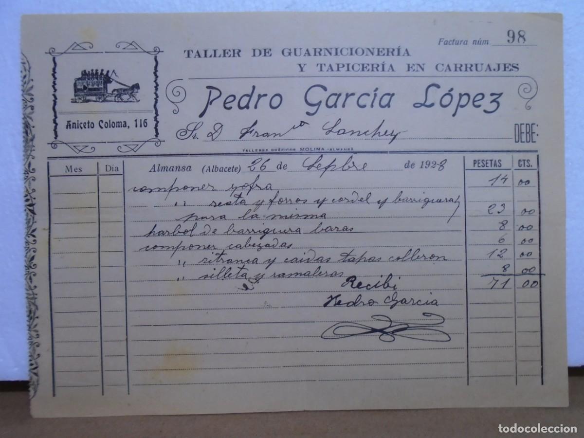 Documentos antiguos: ALMANSA(ALBACETE)TALLER DE GUARNICIONERIA Y TAPICERIA EN CARRUAJES 26/9/1928.