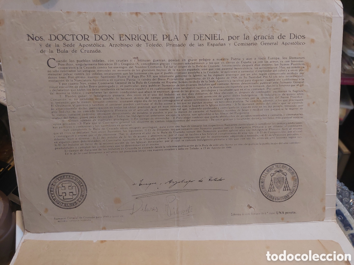 Documentos antiguos: 1944 Bula doctor don Enrique pla y Deniel arzobispo Toledo comisario apost&oacute;lico bula cruzada 1944