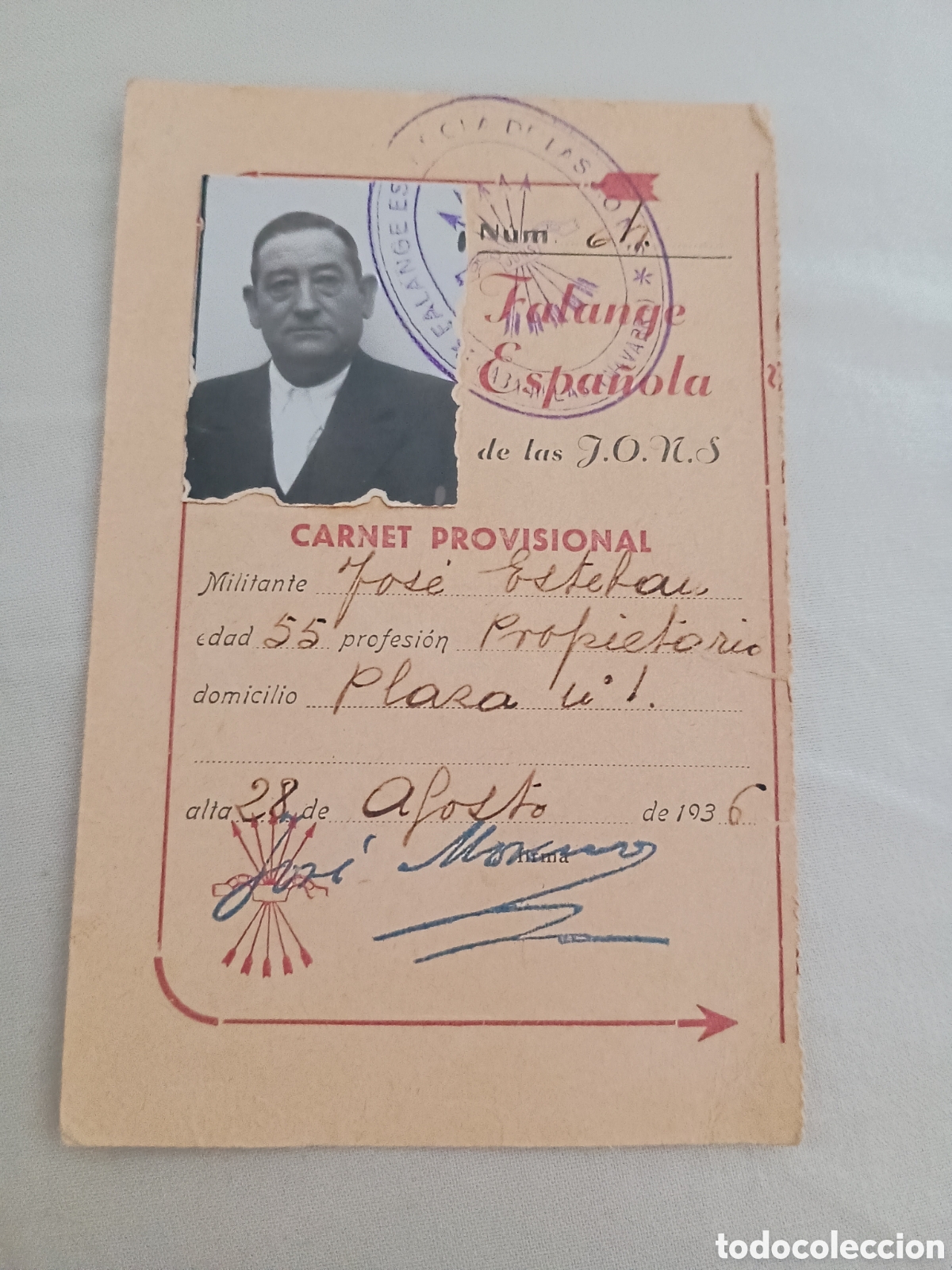Documentos antiguos: CARN&Eacute; ORIGINAL FALANGE ESPA&Ntilde;OLA DE LAS J.O.N.S. CABANILLAS (NAVARRA) - AGOSTO 1936