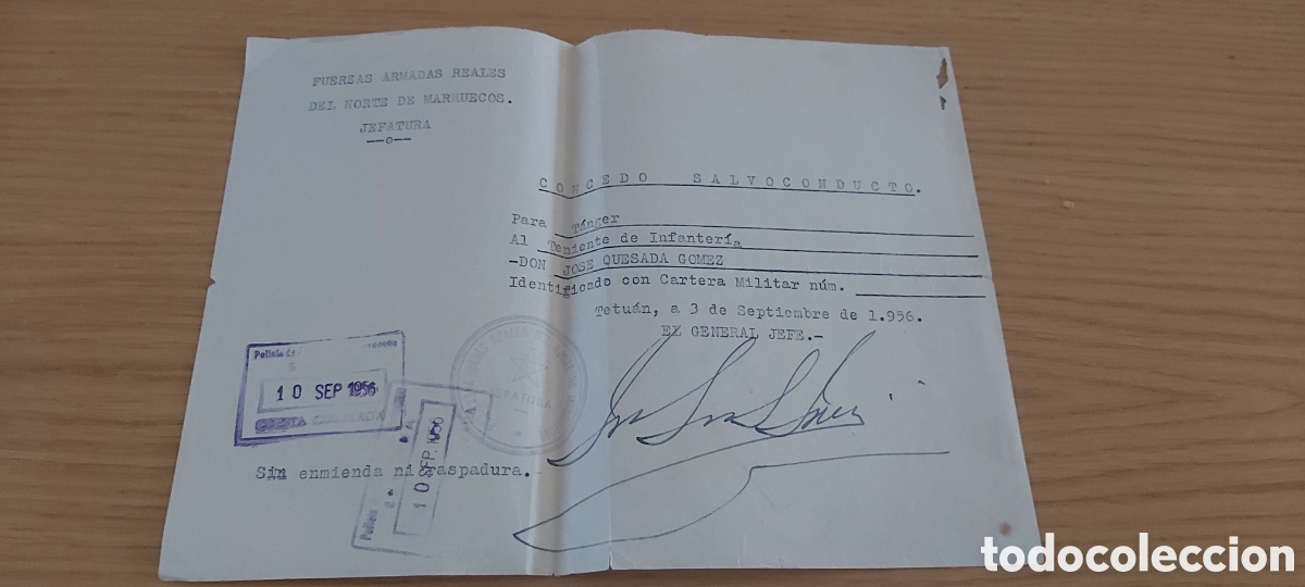 Documentos antiguos: FUERZAS ARMADAS REALES DEL NORTE DE MARRUECOS. SALVOCONDUCTO A TANGER. TETUAN 1956