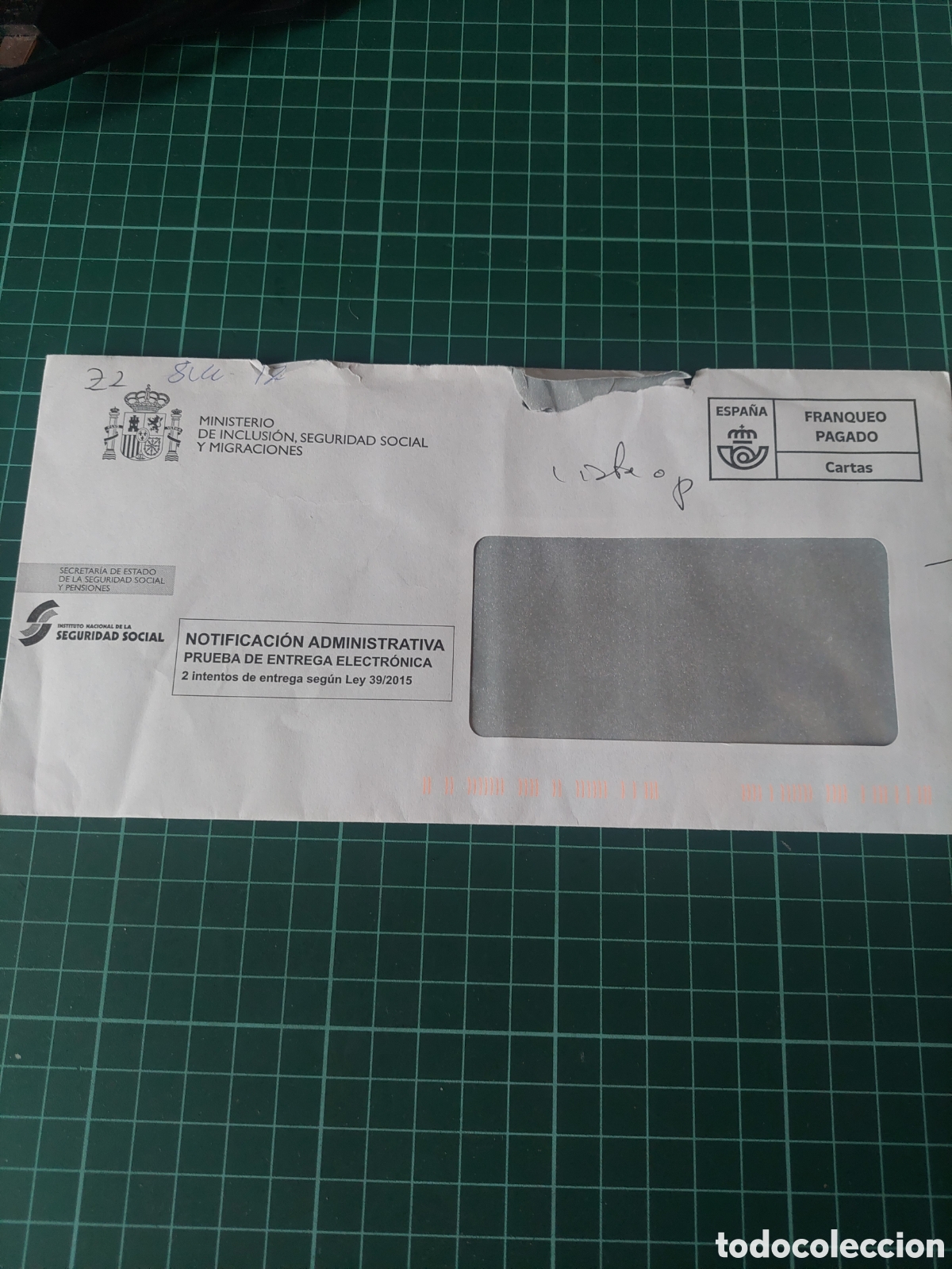 Documentos antiguos: SOBRE FRANQUEO PAGADO CARTAS MINISTERIO DE INCLUSION ,SEGURIDAD SOCIAL Y MIGRACIONES NOTIFICACI&Oacute;N