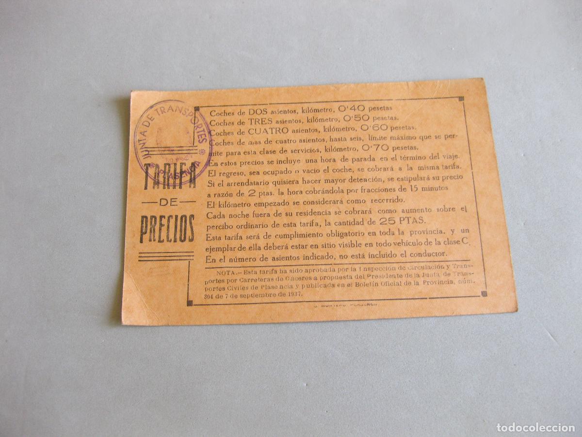 Documentos antiguos: TARJETA CON TARIFA DE PRECIOS PARA LOS TAXIS. JUNTA DE TRANSPORTES DE PLASENCIA. 1937. GUERRA CIVIL