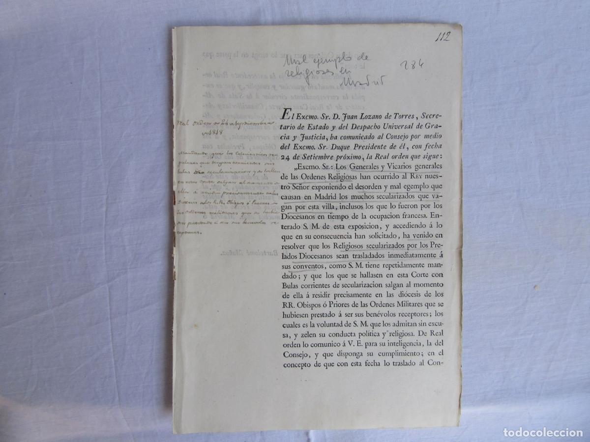Documentos antiguos: Documento sobre el mal ejemplo que causan en Madrid los religiosos secularizados. 1818.