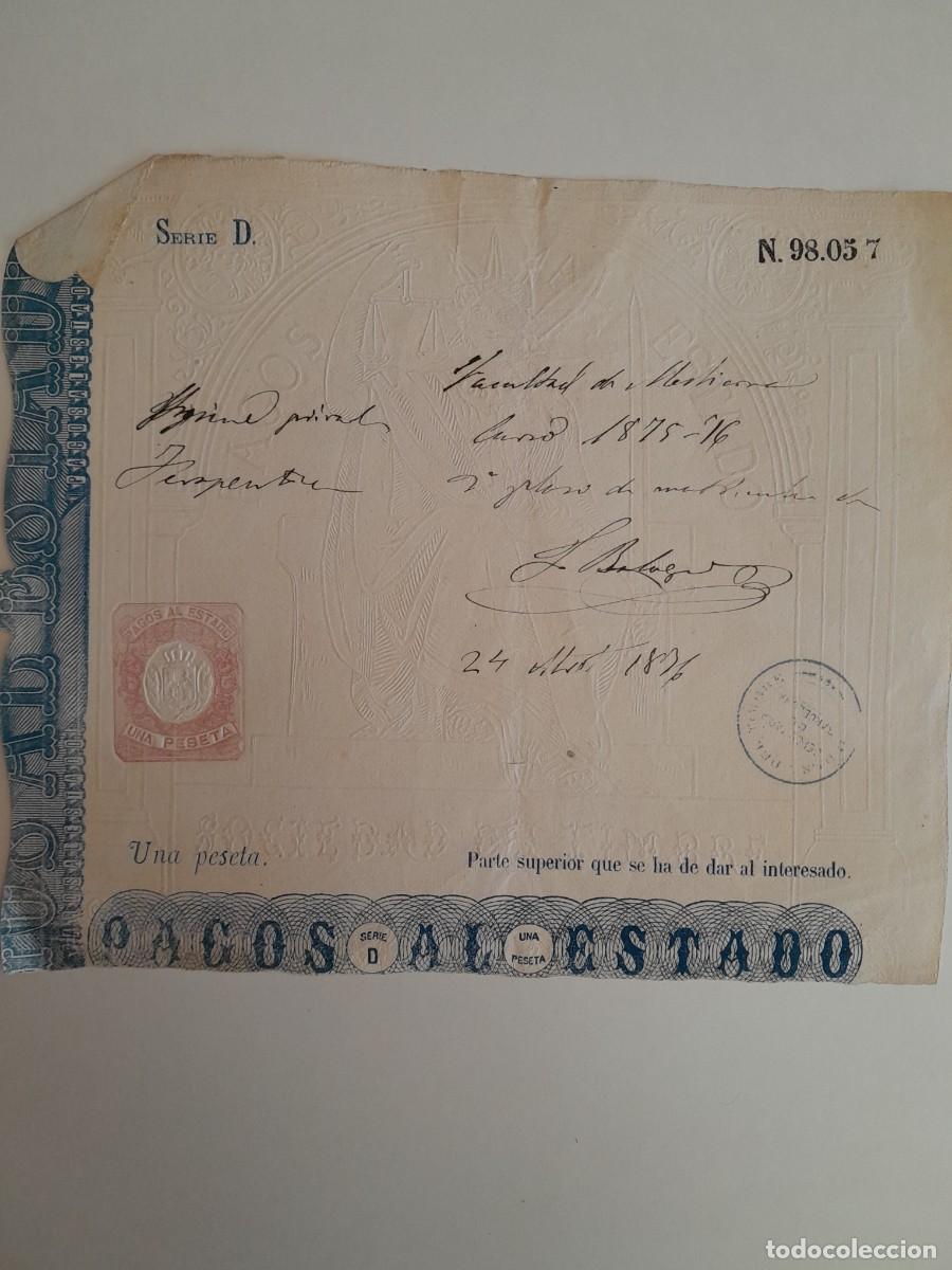 Documentos antiguos: RECIBO MATR&Iacute;CULA DE LA FACULTAD DE MEDICINA DE BARCELONA. CURSO 1875-1876