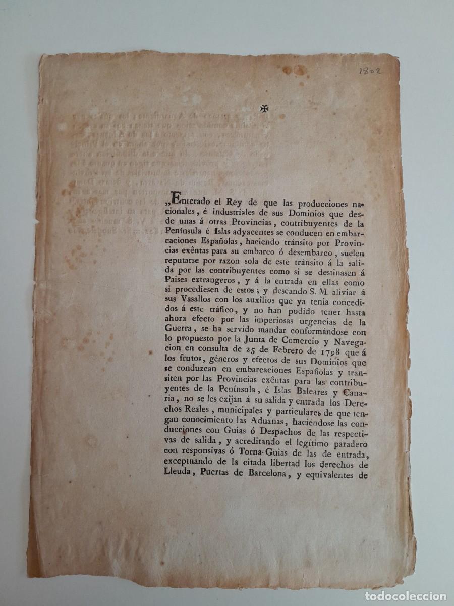 Documentos antiguos: BANDO REAL CARLOS IV SOBRE EL PAGO DE IMPUESTOS PARA EL TR&Aacute;FICO COMERCIAL (ARANJUEZ, 14 ABRIL 1802)