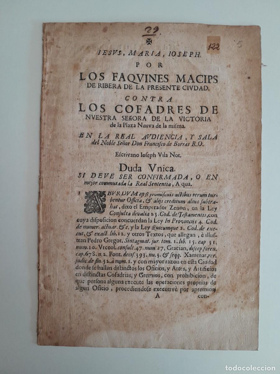Documentos antiguos: PLEITO ENTRE FAQUINES MACIPS DE RIBERA CONTRA LOS COFRADES DE NUESTRA SE&Ntilde;ORA DE LA VICTORIA...(1734)