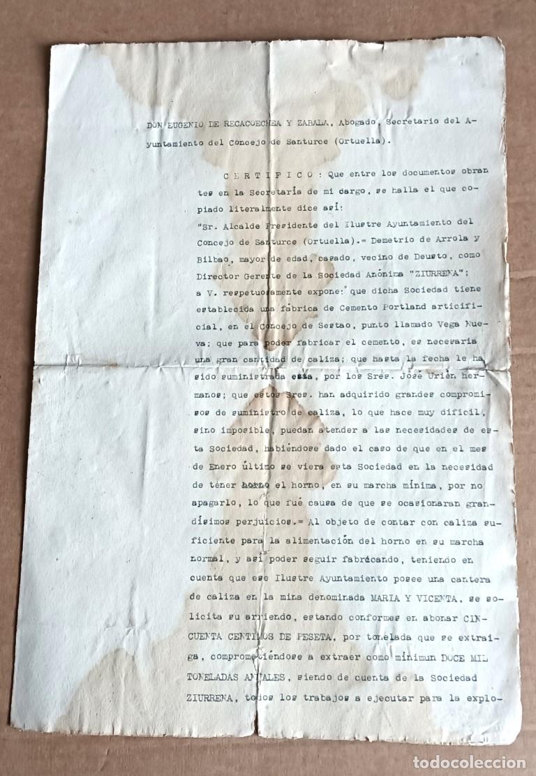 Documentos antiguos: Carta de un abogado del ayuntamiento del concejo de Santurce &ndash; Ortuella 1924 ZURRIANEA f&aacute;brica cemen