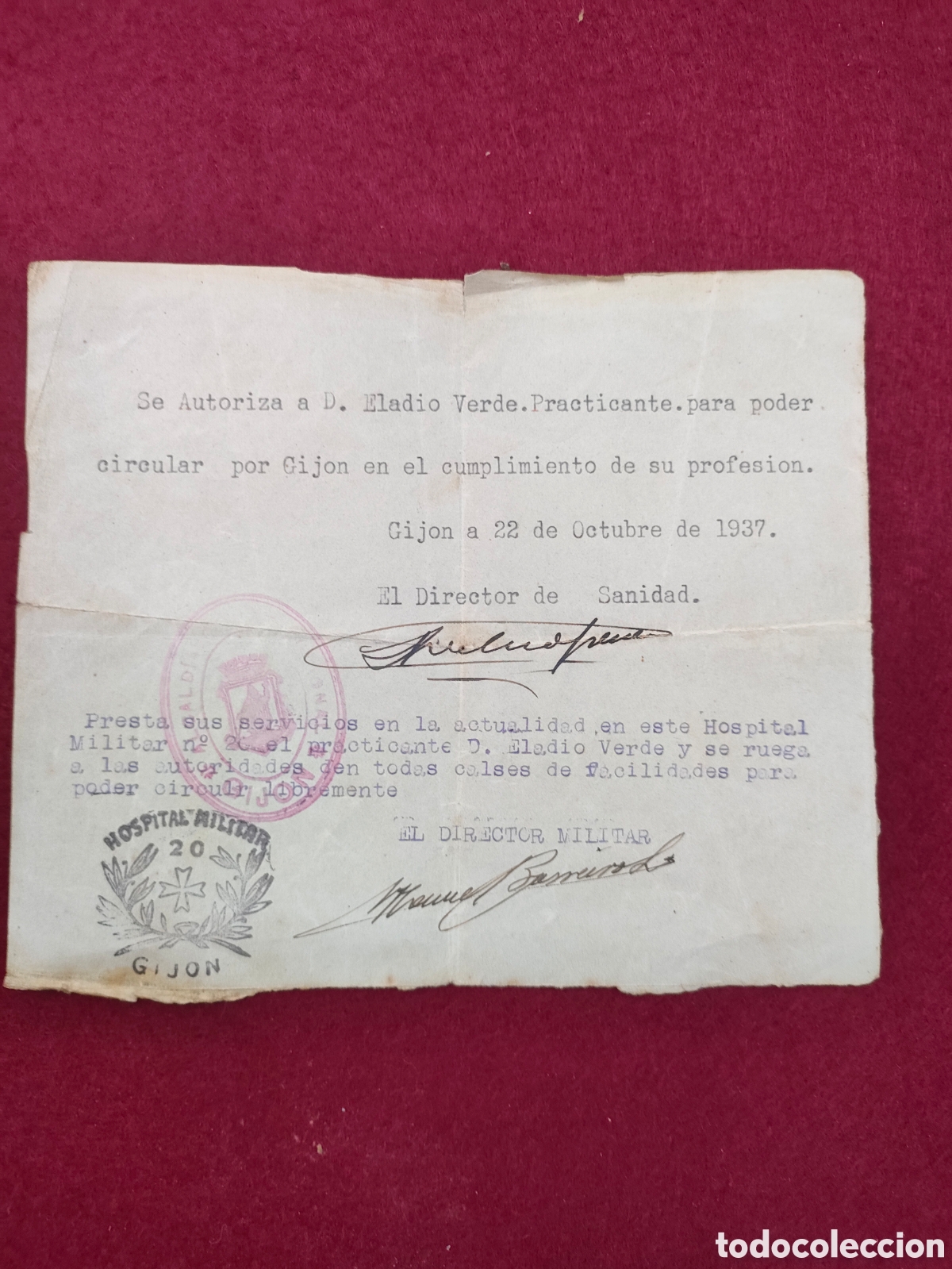 Documentos antiguos: Salvoconducto a&ntilde;o 1937. Asturias, Gijon
