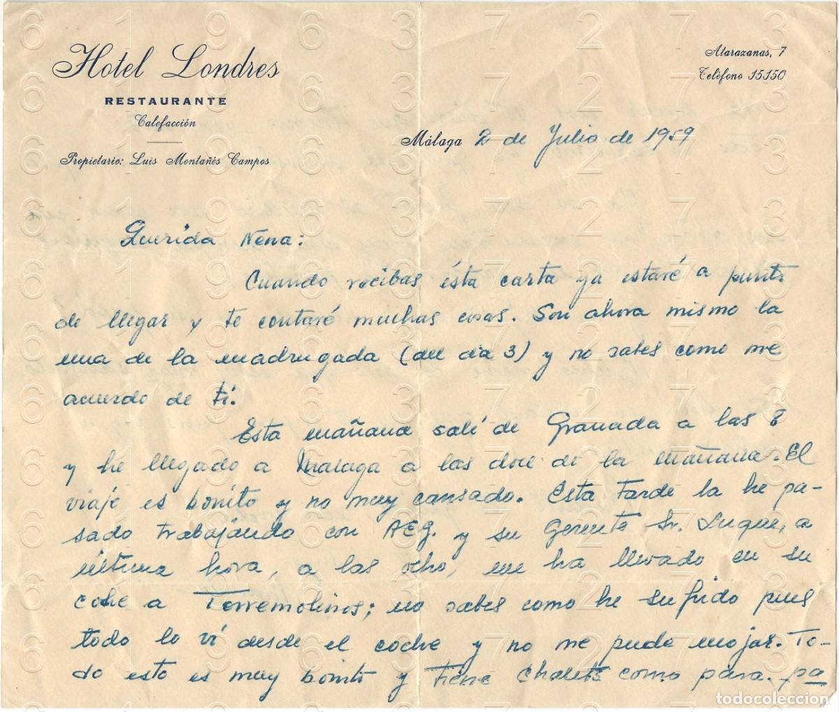 Documentos antiguos: MALAGA HOTEL LONDRES RESTAURANTE LUIS MONTA&Ntilde;ES CAMPOS CARTA 1959 B44