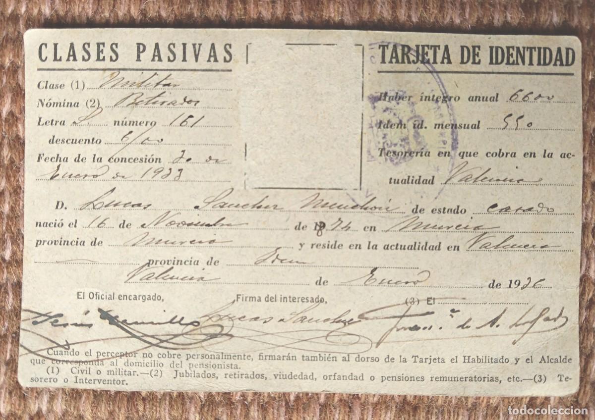 Documentos antiguos: TARJETA DE IDENTIDAD CLASES PASIVAS - VALENCIA 1936