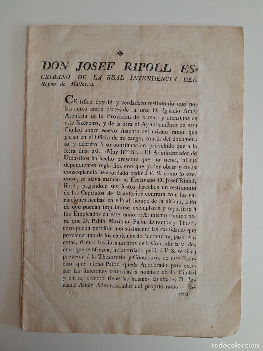 Documentos antiguos: AUTO DE JOS&Eacute; RIPOLL ENTRE IGNACIO AMER, MIEMBRO DEL EJ&Eacute;RCITO, Y EL AYUNTAMIENTO DE PALMA (1803)
