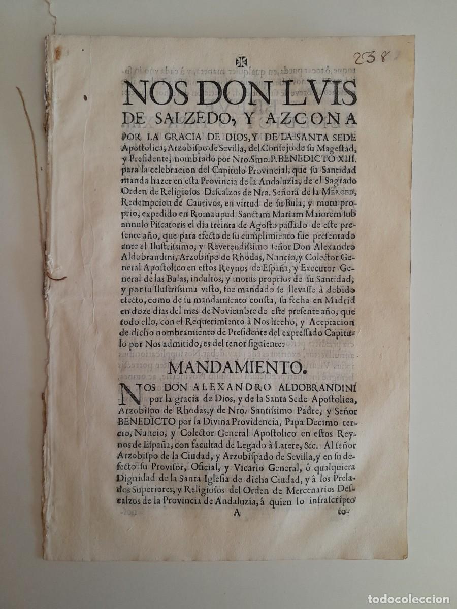 Documentos antiguos: MANDAMIENTO DE LUIS DE SALCEDO Y AZCONA, ARZOBISPO DE SEVILLA (26 NOVIEMBRE 1725)