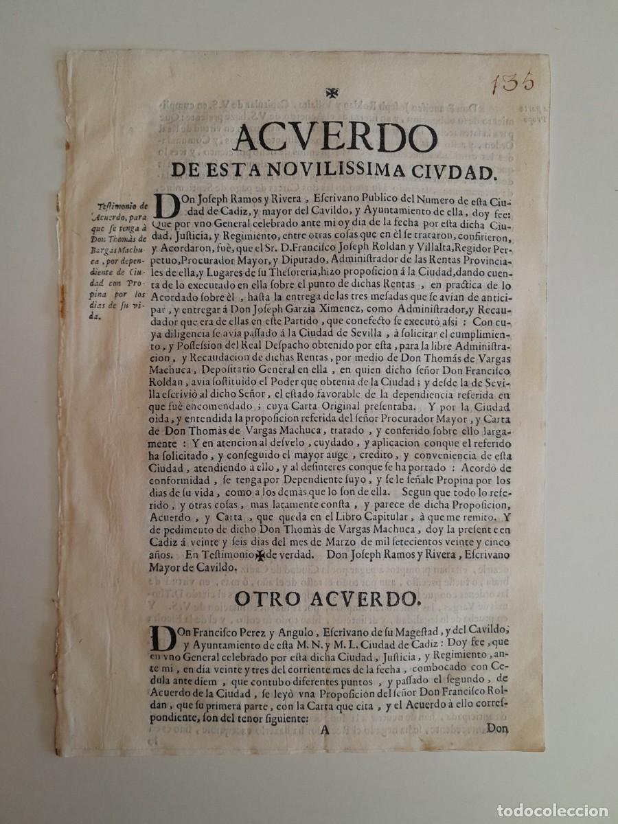 Documentos antiguos: ACUERDO PARA QUE TOM&Aacute;S DE VARGAS MACHUCA SEA DEPENDIENTE DE CIUDAD CON PROPINA VITALICIA (1725)