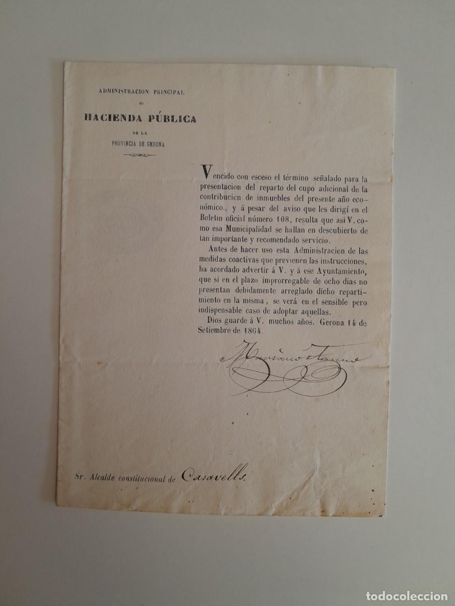 Documentos antiguos: REQUERIMIENTO DE PAGO DE LA CONTRIBUCI&Oacute;N DE INMUEBLES AL AYUNTAMIENTO DE CASAVELLS (1864)