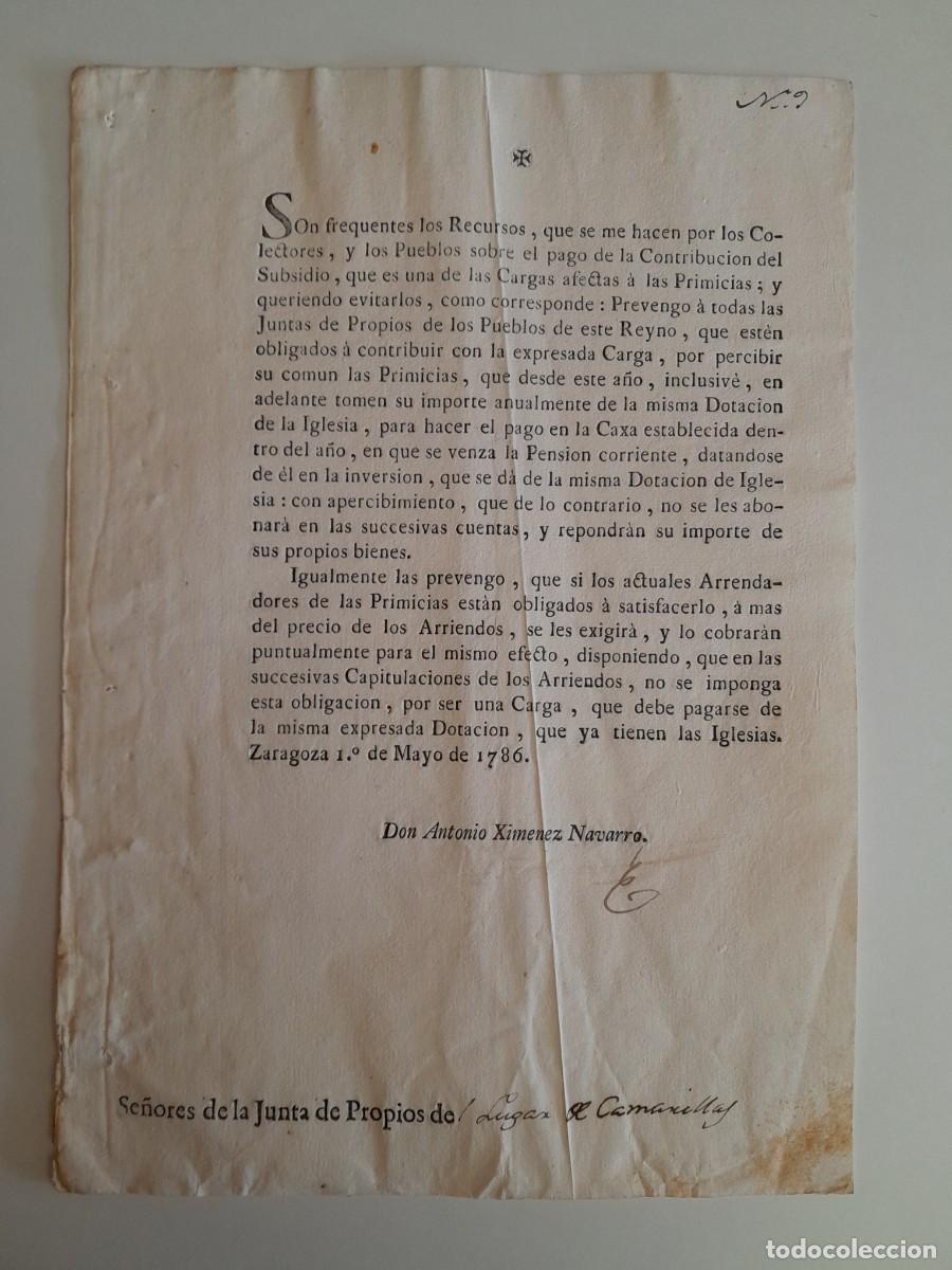 Documentos antiguos: COMUNICADO DE ANTONIO XIM&Eacute;NEZ NAVARRO A LA JUNTA DE PROPIOS DE CAMARILLAS [...] (ZARAGOZA, 1786)