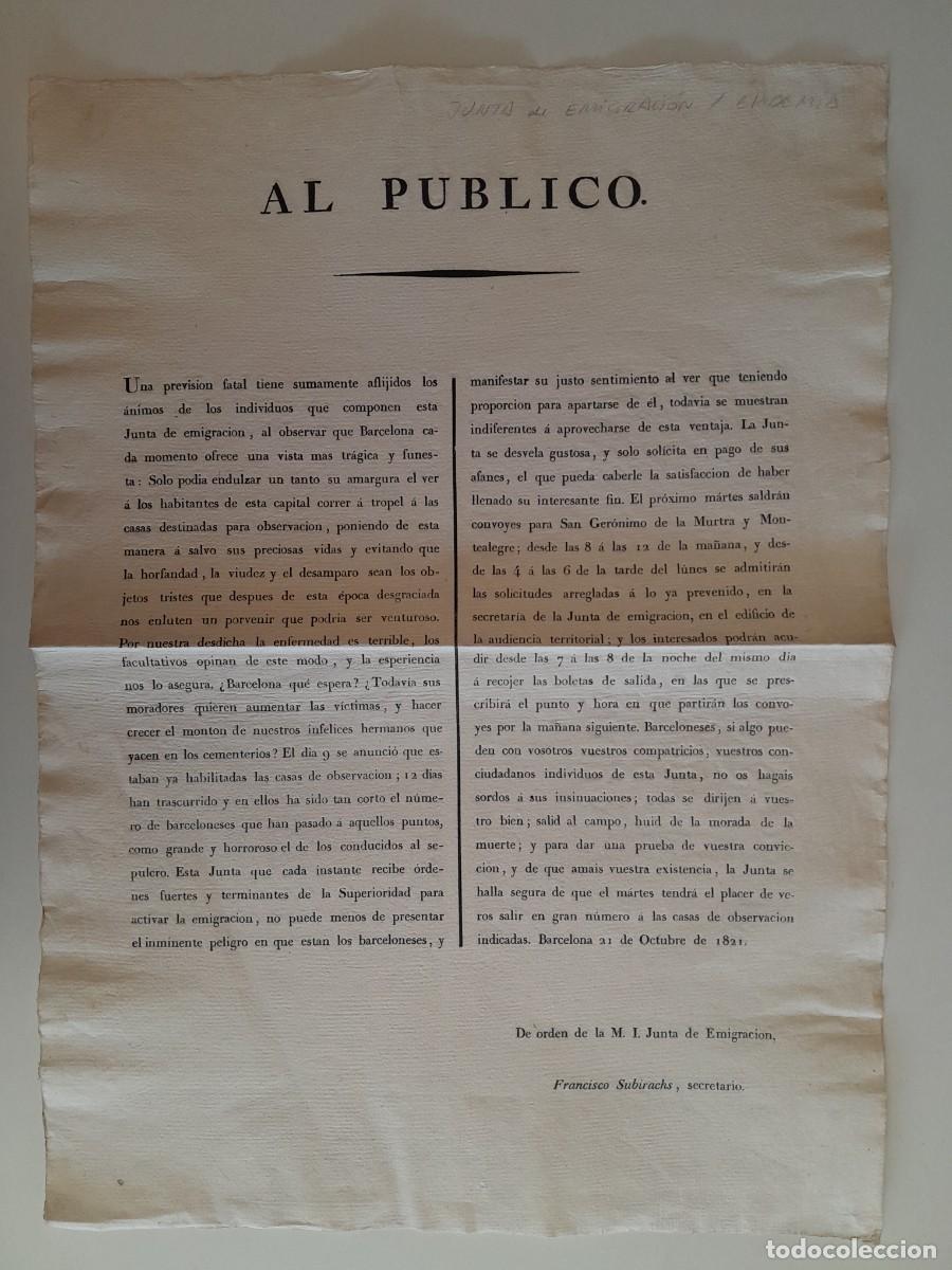 Documentos antiguos: COMUNICADO DE LA JUNTA DE EMIGRACI&Oacute;N SOBRE LA EPIDEMIA DE FIEBRE AMARILLA EN BARCELONA (21 OCT 1821)